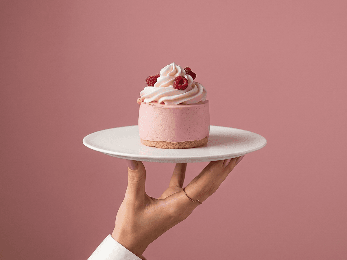 Small pink dessert presented on a white plate against a blush background