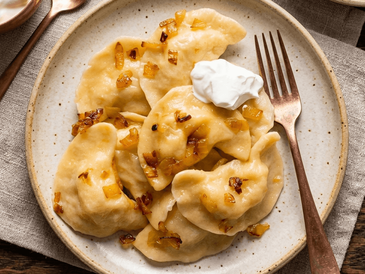 Plate of dumplings topped with caramelized onions and cream