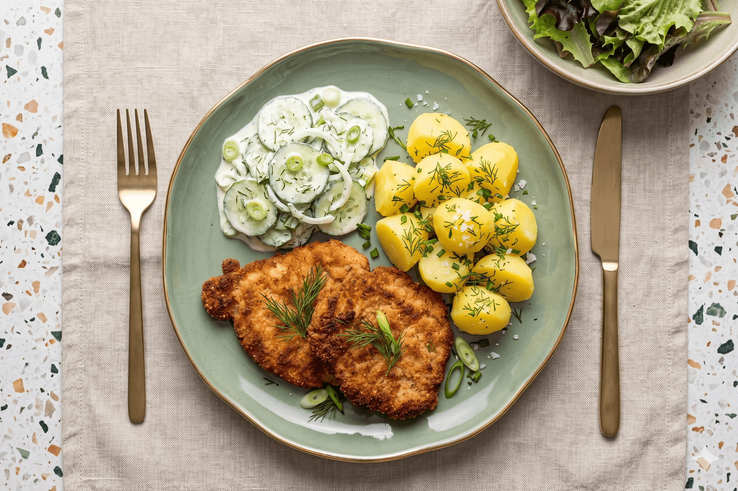 Kotlet z ziemniakami i sałatką ogórkową na talerzu